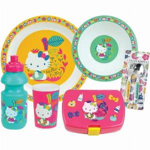 TellerSet mit tiefem Teller flachem Teller Trinkflasche Brotdose und 2 Kinderbesteck Fun House Hello Kitty