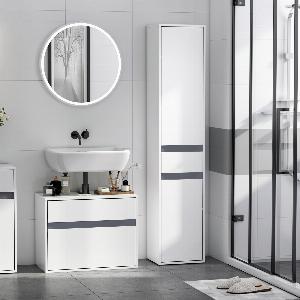 HOMCOM Meuble Colonne Rangement Salle de Bain Style Contemporain 2 placards 3 étagères et tiroir Coulissant Panneaux Particules Blanc