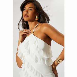 Womens Frill Halter Neck Asymmetric Mini Dress  white  6 White