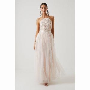 Square Neck Lace Bridesmaid Maxi Dress  Pink