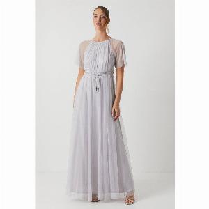 Bow Detail Angel Sleeve Mesh Bridesmaids Maxi Dress  Grey Mist