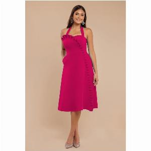 Frilled Halter Neck Strap Midi Dress  Magenta by Goddiva