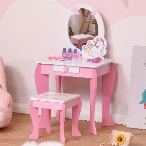 Kids Dressing Table Girls Vanity Set with Mirror and Stool Unicorn