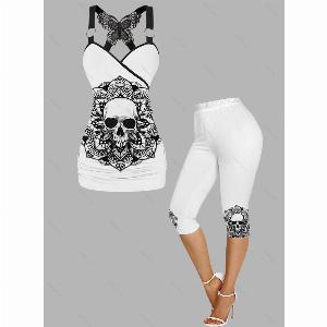 Gothic Lace Skull and Butterfly Print Capri Leggings