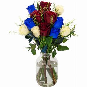 12 Roses in Red White and Blue Shades