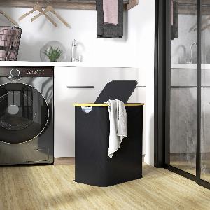 HOMCOM Panier à linge double pliable 80 L corbeille à linge sale avec couvercle poignées rainurées noir