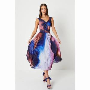 Printed Pleated V Neck Midi Dress