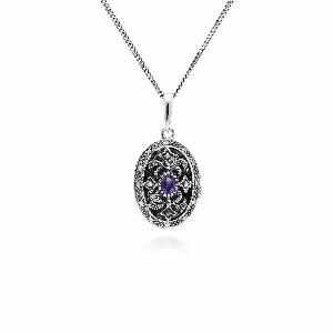 Art Nouveau Style Oval Amethyst  Marcasite Locket Necklace in 925 Sterling Silver
