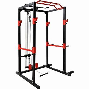 BodyTrain Heavy Duty Professional Adjustable Power Rack Weight Lifting Cage with Cable System  Deluxe Pull Up Bar
