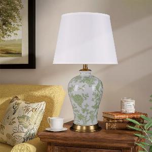 Lightsin Green Floral Ceramic Table Lamp with Copper Base and Fabric Shade