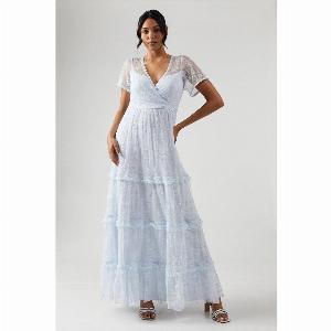 Delicate Lace Trim Insert Tiered Maxi Bridesmaids Dresslight blue