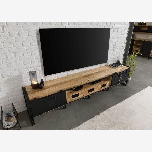 Meuble TV en bois de Manguier 260x45x55  laqué naturel clair  métal noir BLACKBURN 553