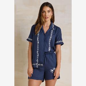 Lts Tall Navy Blue Embroidered Palm Tree Shorts 14 Lts  Tall Womens Linen And Cotton Shorts