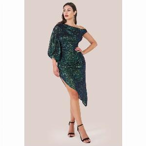 One Shoulder Asymmetric Midi Dress Emerald Green by Goddiva