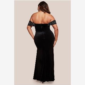 Goddiva Plus Off Shoulder Hotfix Diamante Wing Velvet Maxi Dress  Black