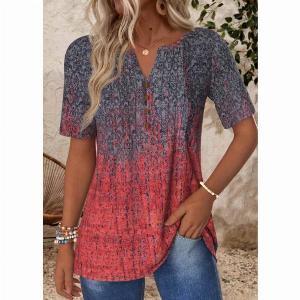ROTITA Tuck Stitch Ombre Deep Red Split Neck T Shirt