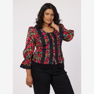 Joanie Clothing Teagan Antique Rose Print Crochet Trim Blouse US 12