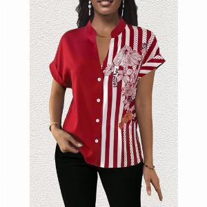 ROTITA Patchwork Floral Print Red V Neck Short Sleeve Blouse