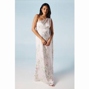 Spring Posy Printed Satin Drape Shoulder Bridesmaids Dress  Pink