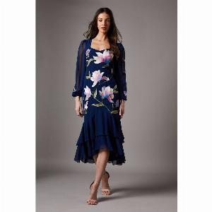 Petite Embroidered Ruffle Long Sleeve Dress  Navy