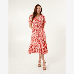 Coconut Button Front Belted Midi Shirt Dress  S  ORANGE