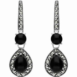 Sterling Silver Whitby Jet Marcasite Pear Drop Earrings