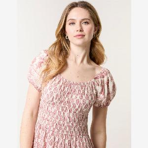 Border Print Puff Sleeve Midi Dress  S  PINK