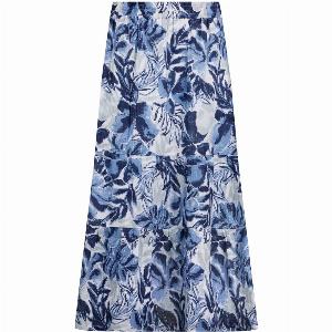 Weird Fish Harini Organic Cotton Double Cloth Printed Midi Skirt Estate blue Size 14