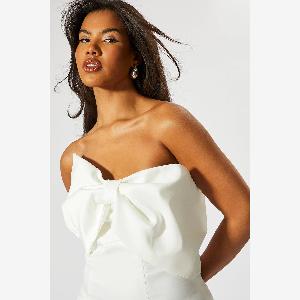 MISSPAP Womens Satin Extreme Bow Mini Dress in Ivory  Size 10