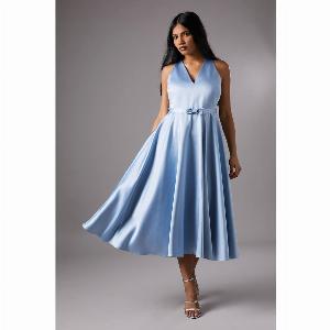 Petite V Neck Sleeveless Bow Detail Twill Midi Dress  Blue