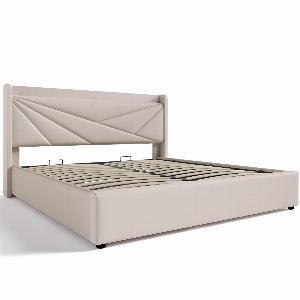 Lit Double avec Rangement Fonction de Recharge USB Type C et Structure de Lit Double en Lin Sans Matelas 160x200 Beige