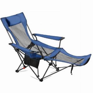 VEVOR Reclining Camping Chair 4 Adjustable Positions Portable Folding Lounger for Adults Mesh Beach Chair with Headrest  Foot Rest Supports 220 lbs Heavy Duty Camp Chairs for Patio Blue
