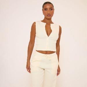 Sleeveless Button Up Top In Cream Rib Womens Size UK 14
