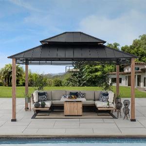 SUNJOY 13x15 Hardtop Gazebo Outdoor Patio Black Steel Frame Gazebo with 2Tier Steel Roof