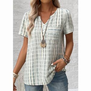 ROTITA Button Striped Light Green Split Neck Short Sleeve Blouse