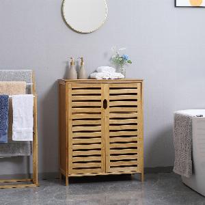 kleankin Meuble salle de bain en bambou armoire salle de bain sur pied avec double porte à lattes 68 x 32 x 86 cm naturel