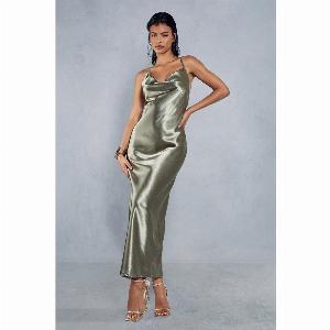 Womens Metallic Satin Cowl Neck Neck Split Leg Maxi Dress  green  16 Green