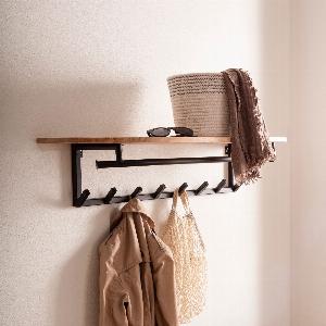 FineBuy Wandgarderobe Akazie Massivholz 100 cm mit Ablage  Industrial Garderobenpaneel mit Hutablage  Wand Garderobenleiste Hakenleiste  8 Metall Kleiderhaken  Kleiderstange