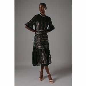 Lace Tiered Midi Dress  Black