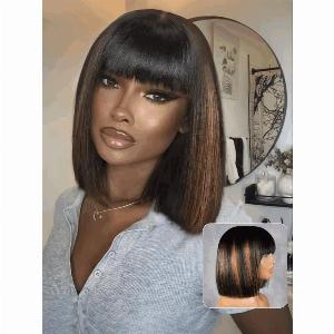 Nadula Flash Sale 2x4 Yaki Straight Brown Highlight Bob Wig with Bangs Glueless Human Hair Wig