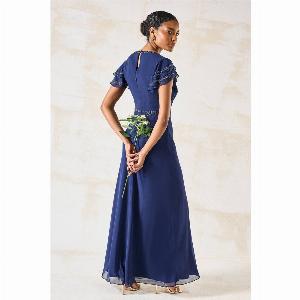 Trim Detail V Neck Flutter Sleeve Bridesmaids Dress  Navy
