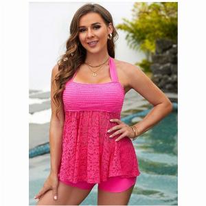 ROTITA Lace Patchwork Halter Rose Red Tankini Set