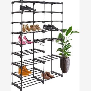 LifeGoods Schuhregal  Mit Haken  Multifunktional  9 Schichten  32 Paar Schuhe  Metall  Schwarz