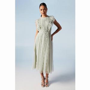Ruffle Shoulder Mesh Bridesmaid Midi Dress  Sage