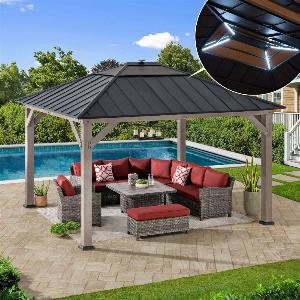 SUNJOY 11x13 Wooden Gazebo with Solar Panel LED Lights and Ceiling Hook  Driftwood Cedar