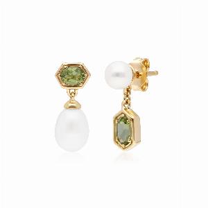 Modern Pearl  Peridot Mismatched Drop Earrings in Gold Plated Silver
