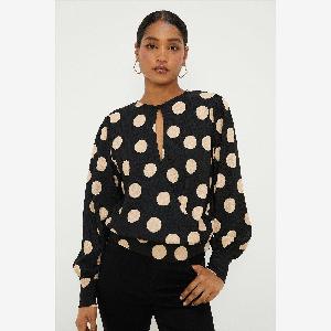 Womens Spot Key Hole Wrap Long Sleeve Top