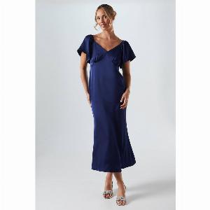 Angel Sleeve Satin Bridesmaids Midi Dress