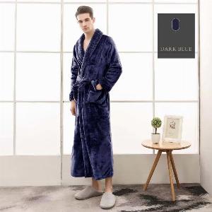 Bademantel Flanell  langer Saunamantel mit Taschen und Kragen in Waffeloptik  weicher Morgenmantel  Langbademantel  Blau  XL