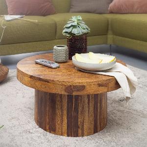 FineBuy Couchtisch Sheesham Massivholz rund Ø 60 cm Höhe 30 cm  Wohnzimmertisch im MonolithDrum Design mit Säulenfuß  Handgefertigter Echtholz Tisch modern  stabil